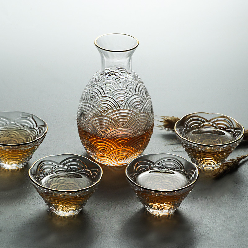 Japanese Pottery - Japon Çekiçli Sake Sürahisi Seti Cam