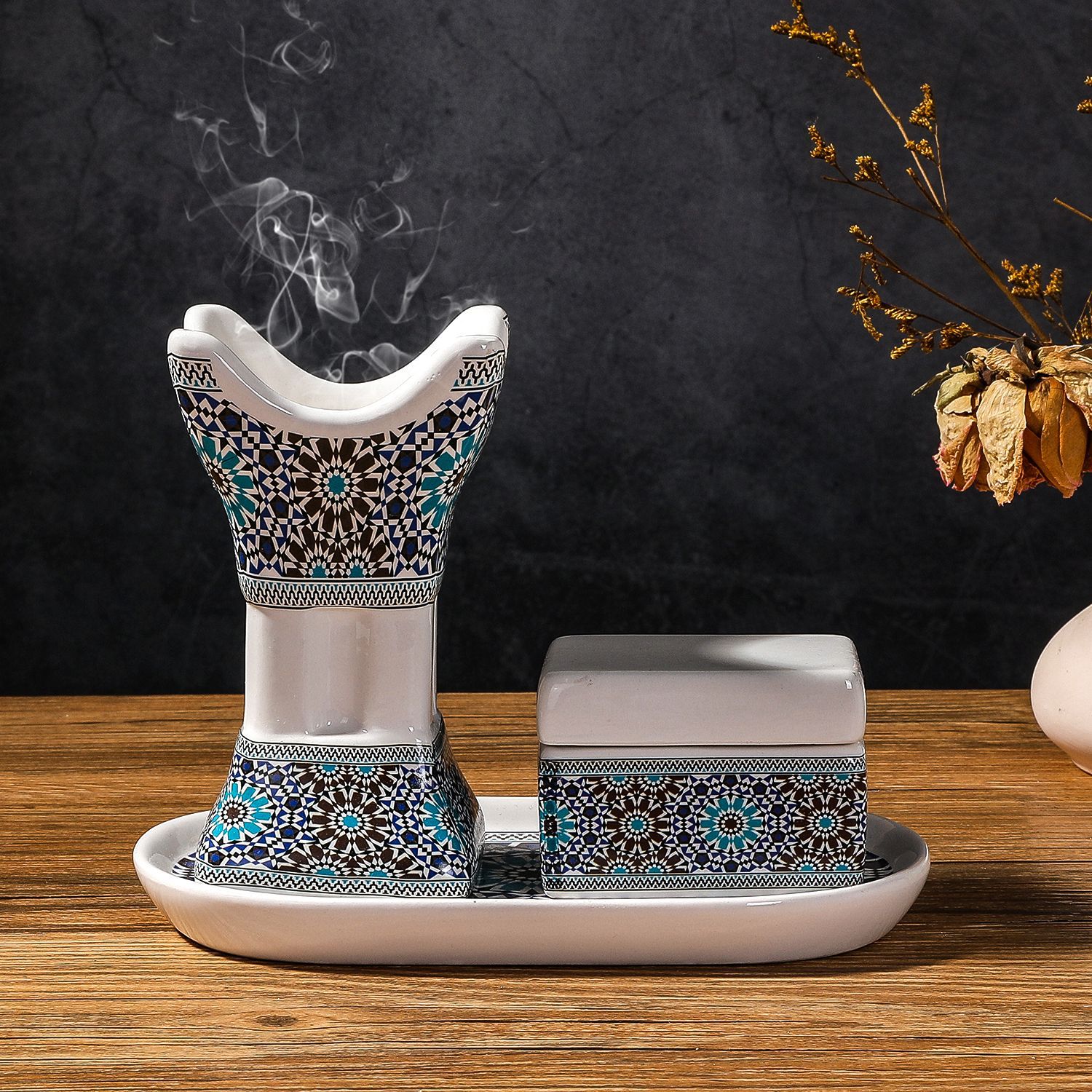 Incense Holder - Arap Seramik Baskılı Dört Köşeli Tütsülük